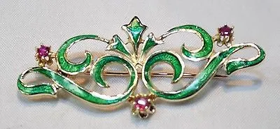 1900s Art Nouveau Era Green Enamel Ruby Brooch in 14K Yellow Gold - $8K VALUE