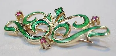 1900s Art Nouveau Era Green Enamel Ruby Brooch in 14K Yellow Gold - $8K VALUE
