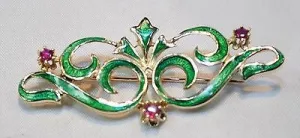 1900s Art Nouveau Era Green Enamel Ruby Brooch in 14K Yellow Gold - $8K VALUE
