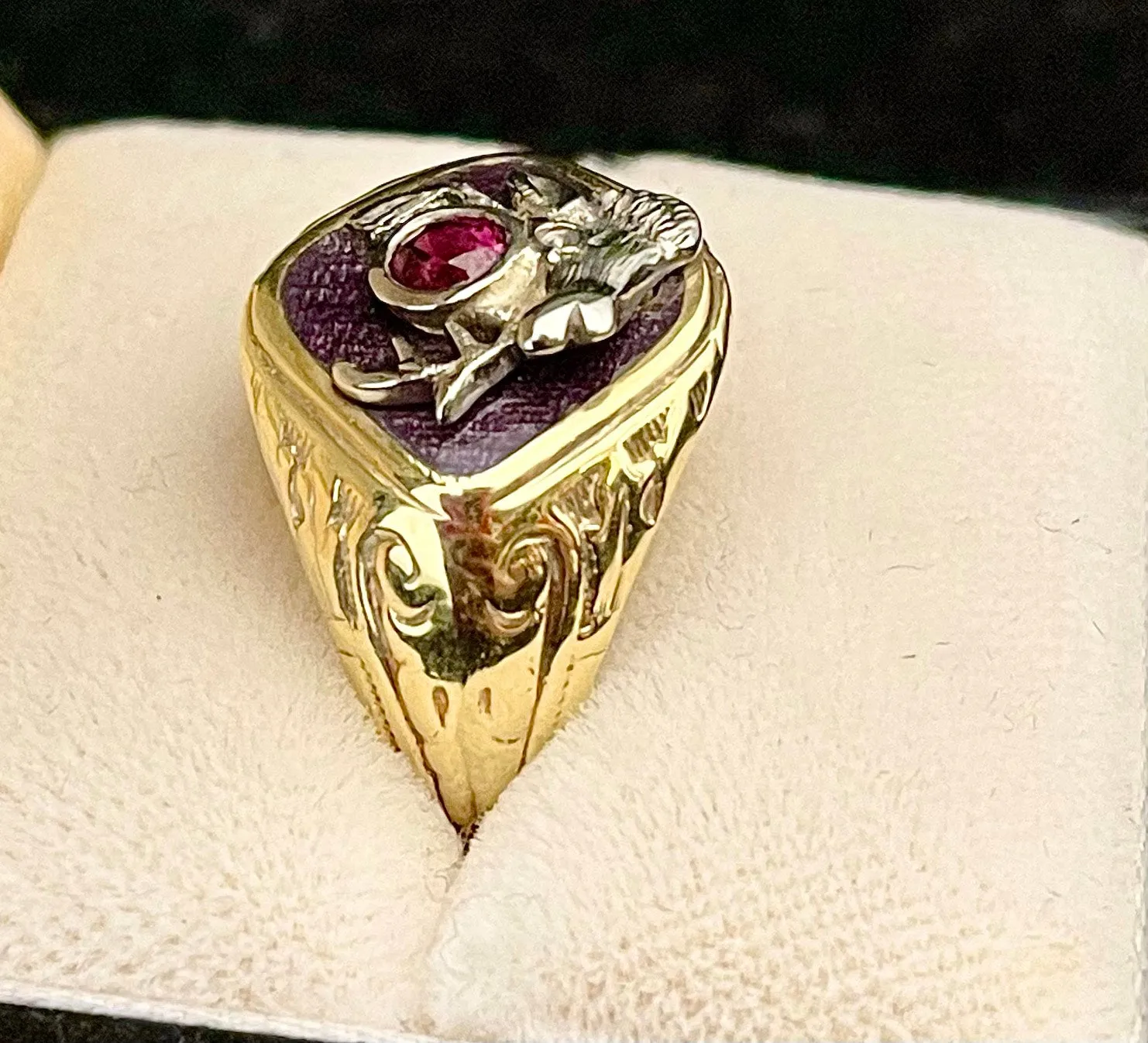 1900's Unique Elks Club Ruby Ring in Solid White/Yellow Gold - $8K APR Value w/CoA}
