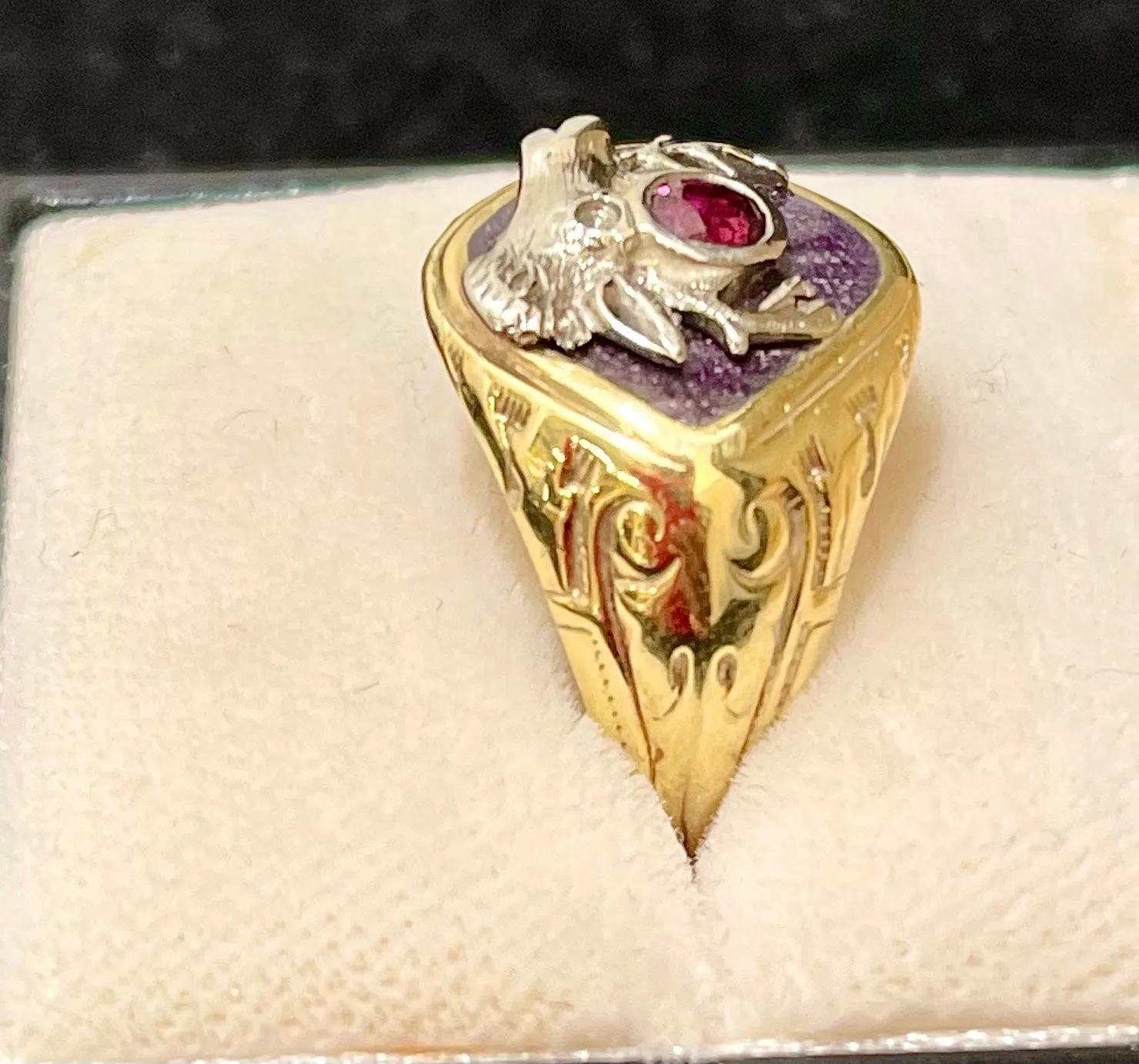 1900's Unique Elks Club Ruby Ring in Solid White/Yellow Gold - $8K APR Value w/CoA}