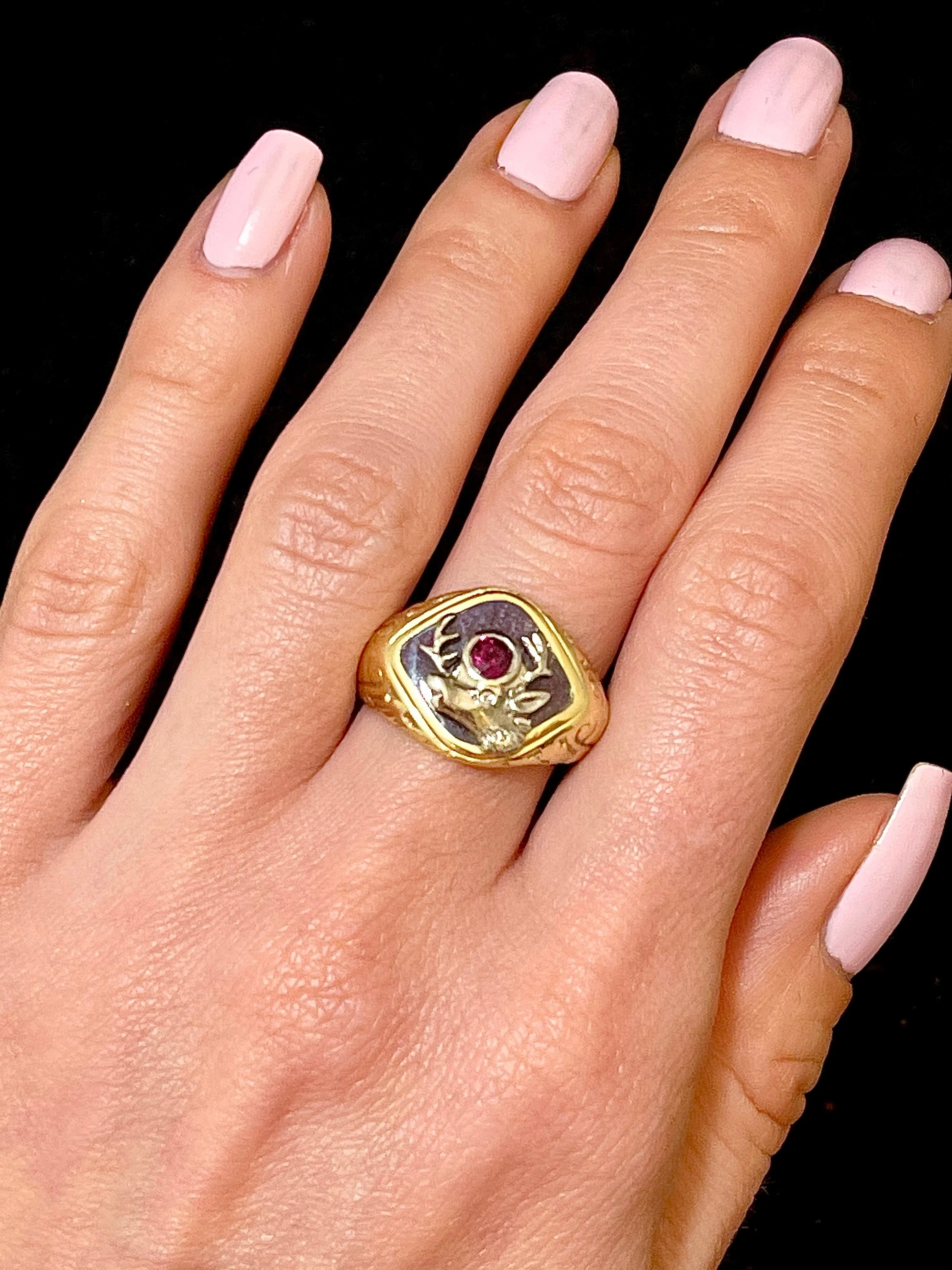 1900's Unique Elks Club Ruby Ring in Solid White/Yellow Gold - $8K APR Value w/CoA}