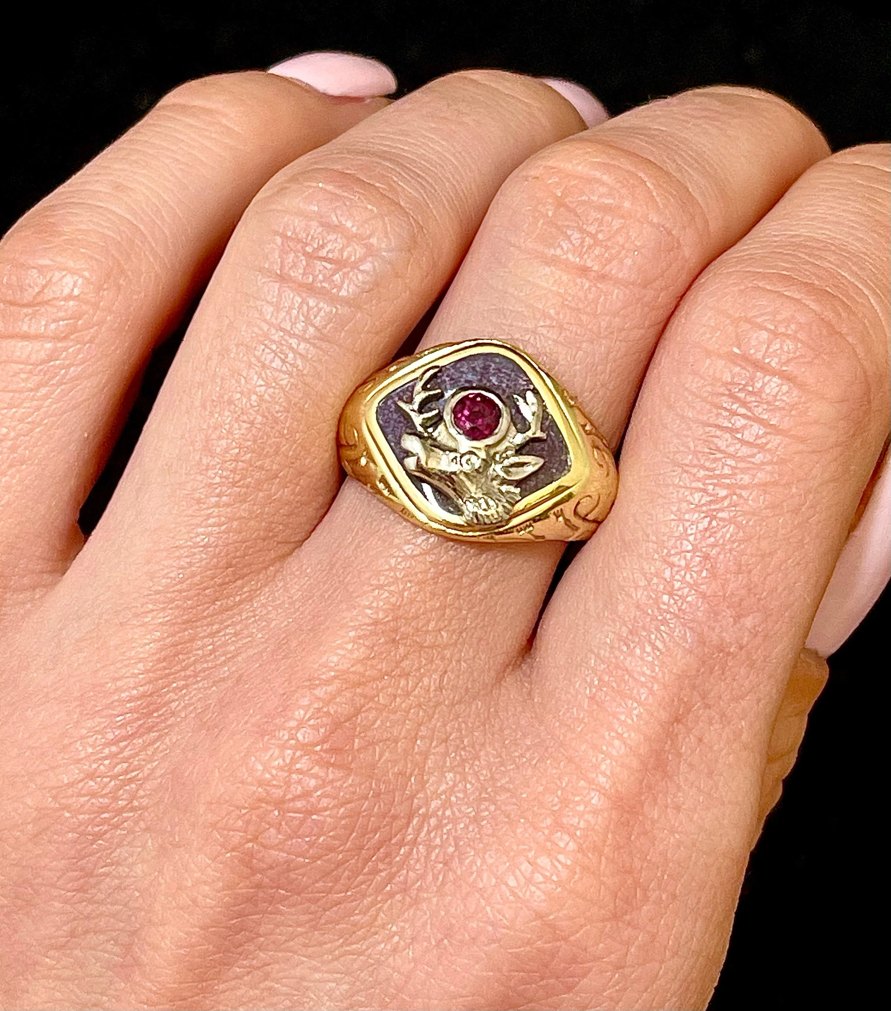 1900's Unique Elks Club Ruby Ring in Solid White/Yellow Gold - $8K APR Value w/CoA}
