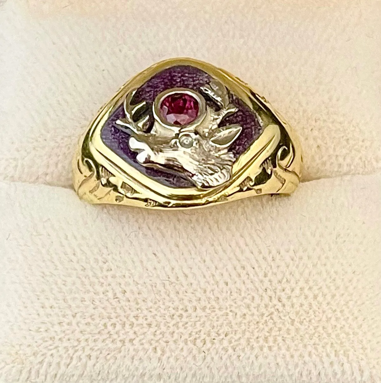 1900's Unique Elks Club Ruby Ring in Solid White/Yellow Gold - $8K APR Value w/CoA}