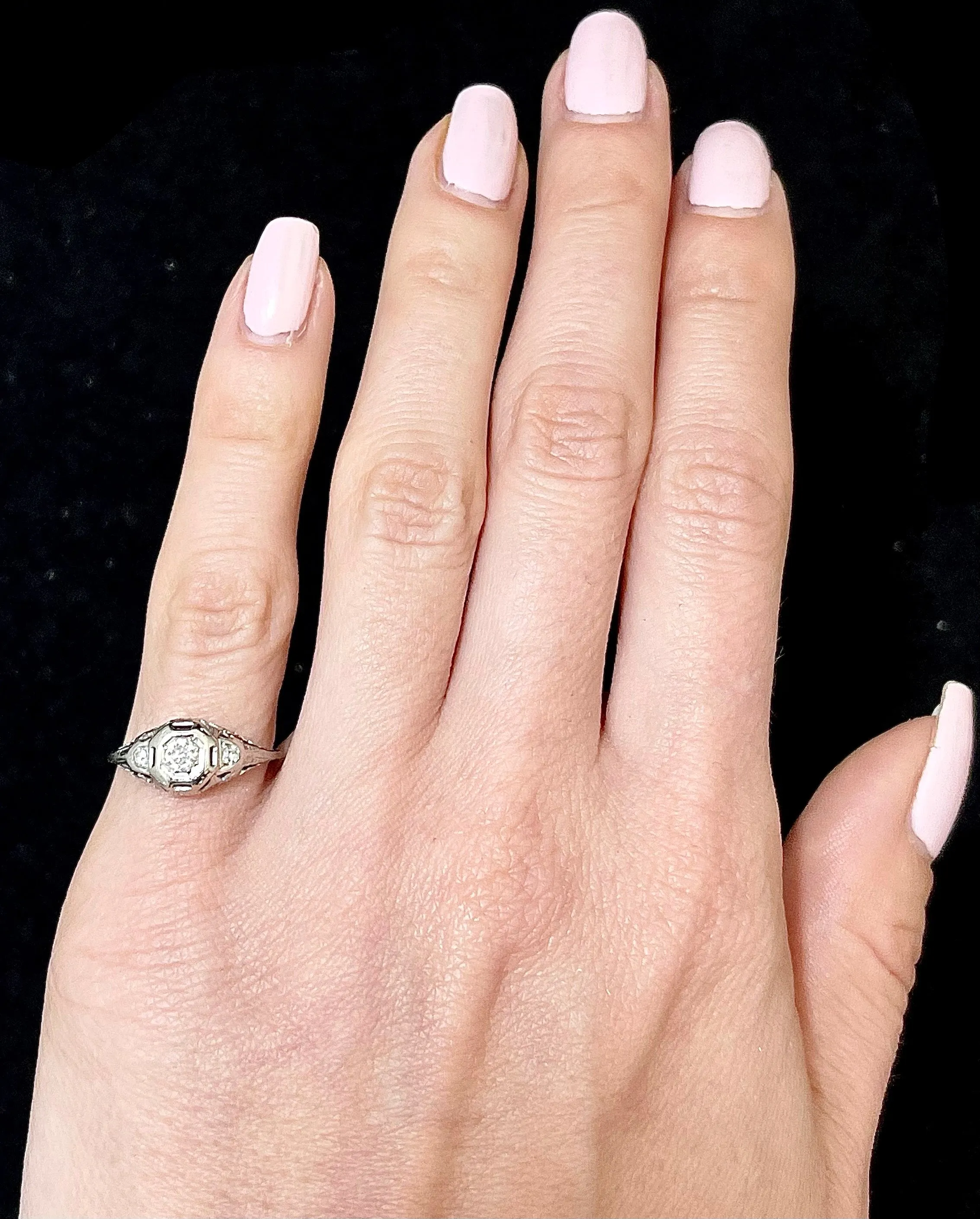 1910'S Handmade Filigree style SWG 3-Diamond Ring - $8K APR Value w/ CoA!