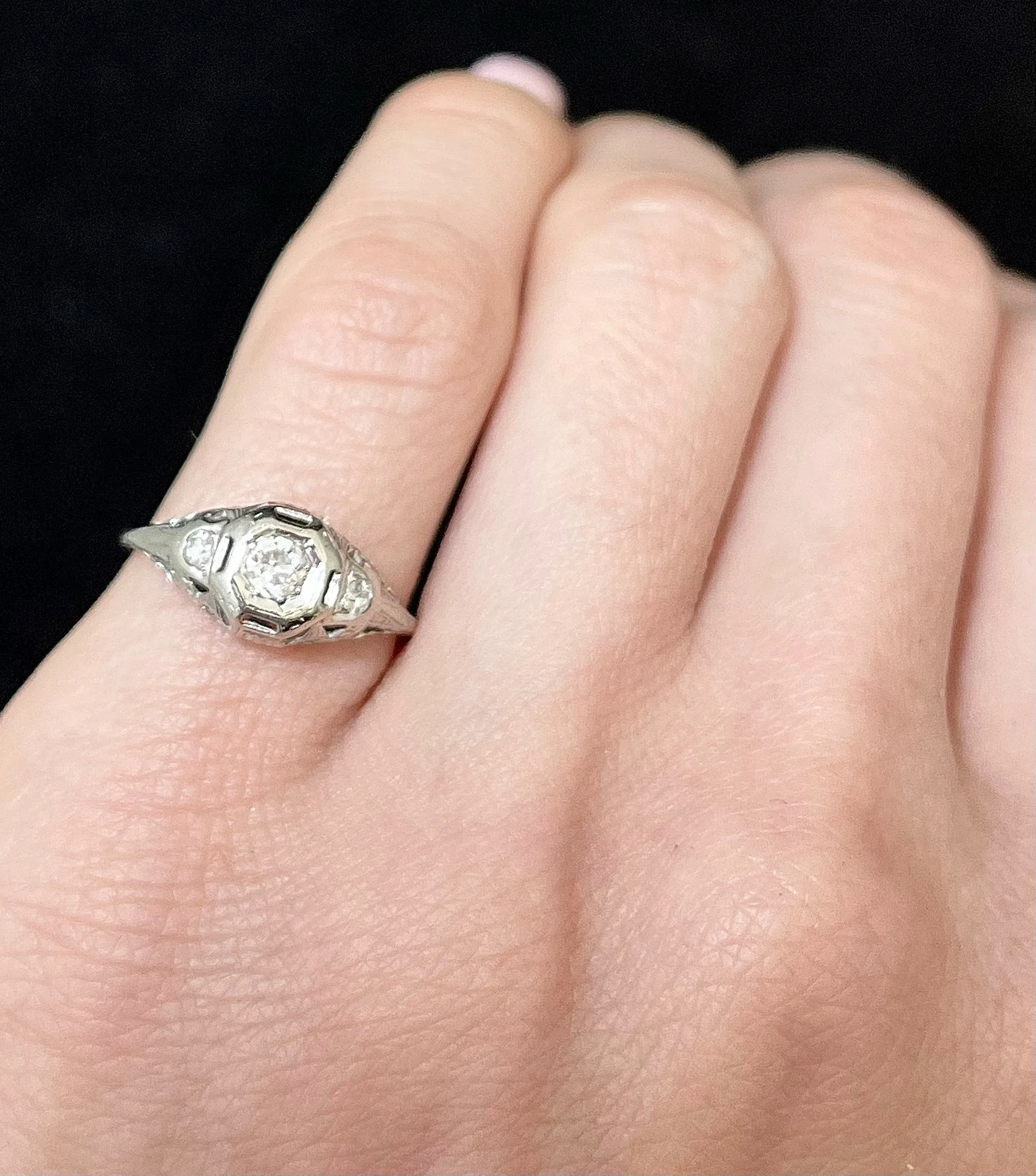 1910'S Handmade Filigree style SWG 3-Diamond Ring - $8K APR Value w/ CoA!