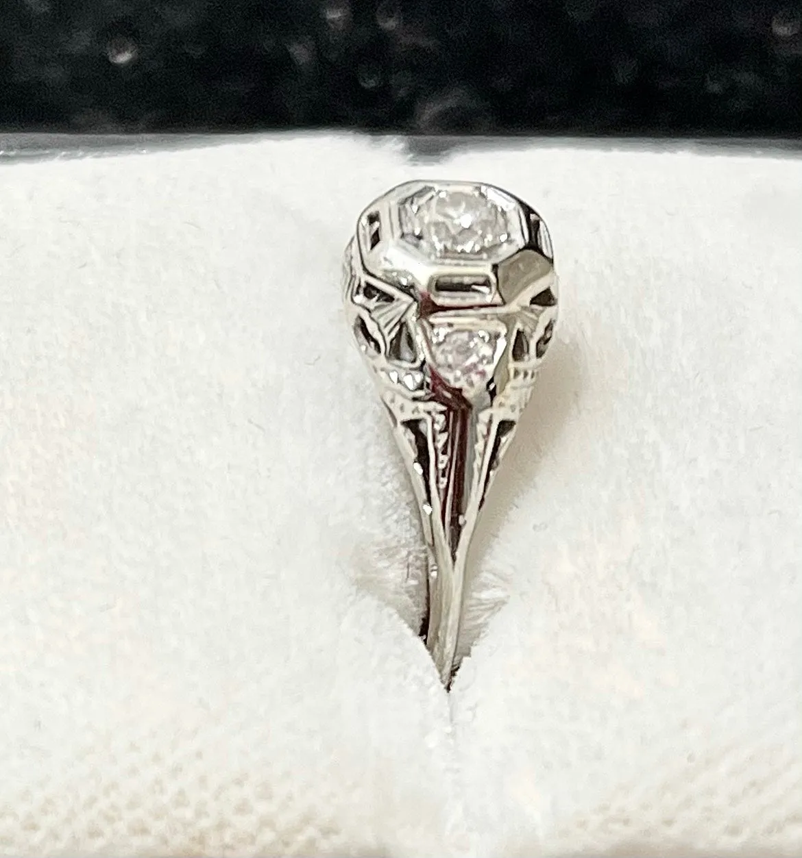 1910'S Handmade Filigree style SWG 3-Diamond Ring - $8K APR Value w/ CoA!