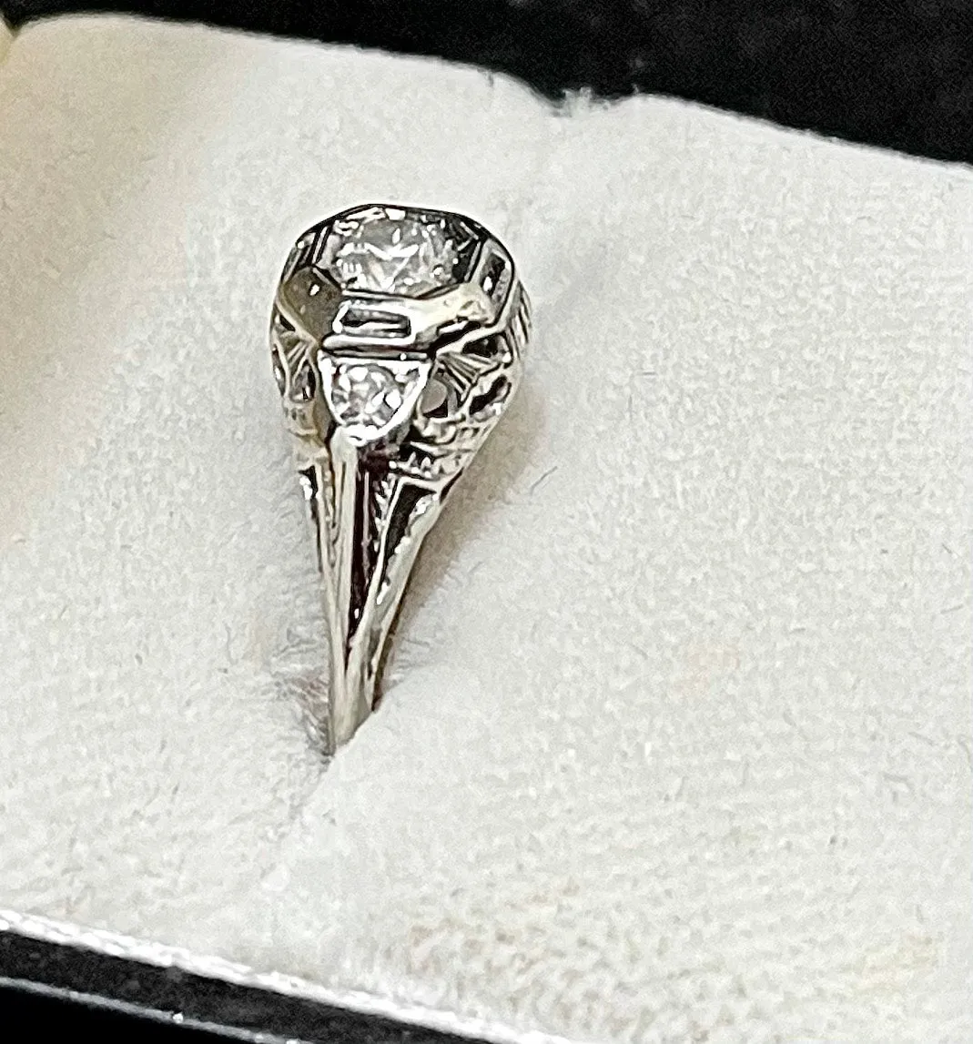 1910'S Handmade Filigree style SWG 3-Diamond Ring - $8K APR Value w/ CoA!