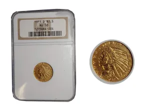 1911-D Indian Head Quarter Eagle Coin AU-58 (NGC) - $15K APR Value w/ CoA!
