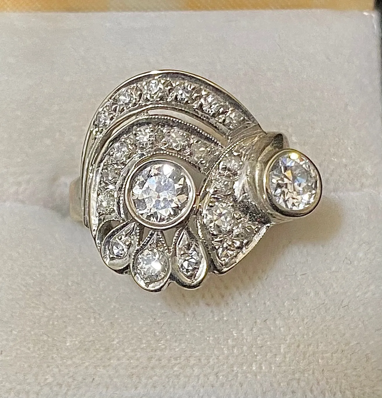 1920's Antique Design Solid White Gold with 26 Old Mine Diamonds Ring - $25K Appraisal Value w/CoA}