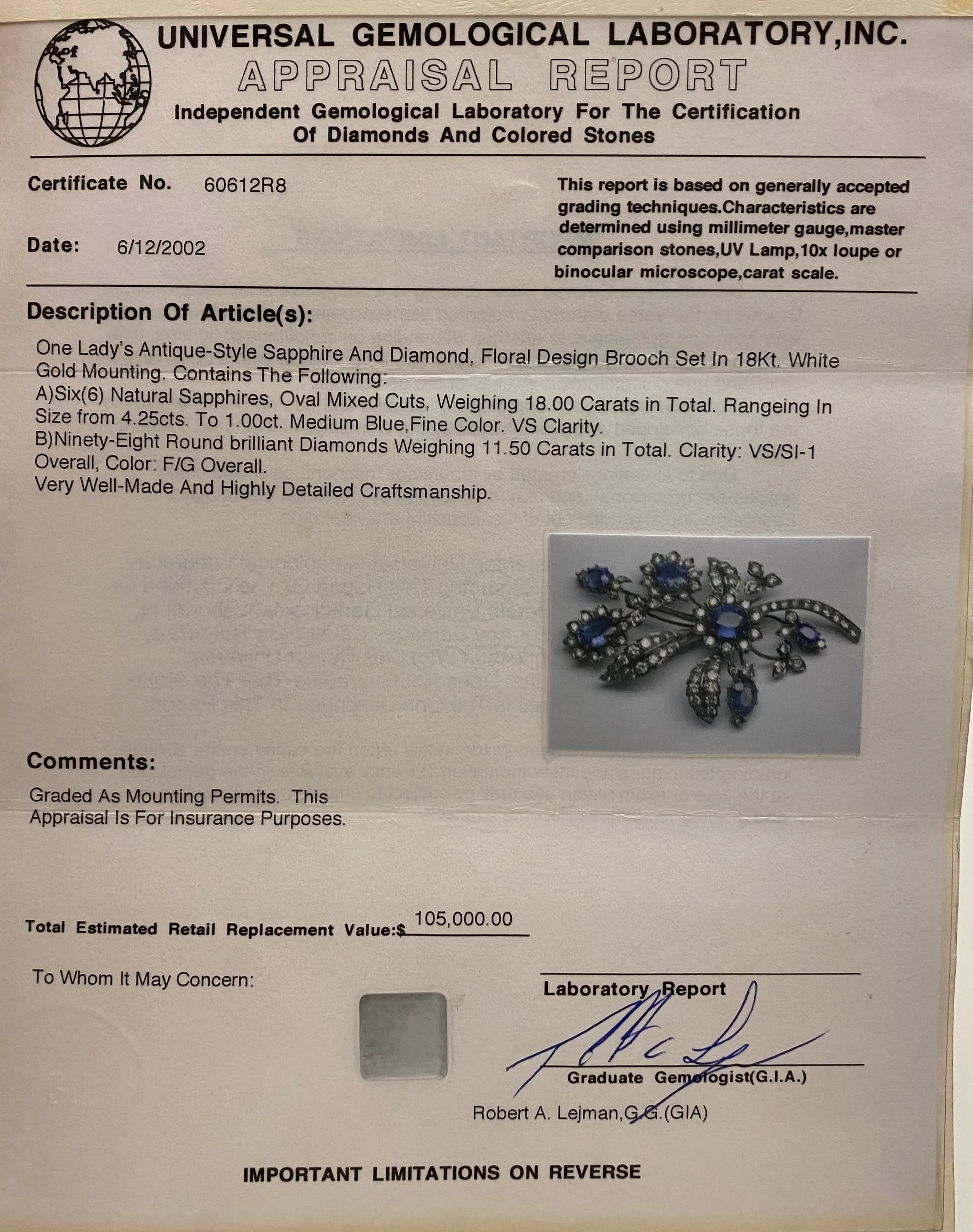 1920'S BEAUTIFUL FLOWER BROOCH/PIN WITH SAPPHIRE&DIAMONDS IN 18K WHITE GOLD - $100K COA!}