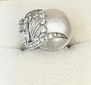 1920s Design Mabe Pearl & Diamond Ring in 18KWG - $10K Appraisal Value w/CoA!