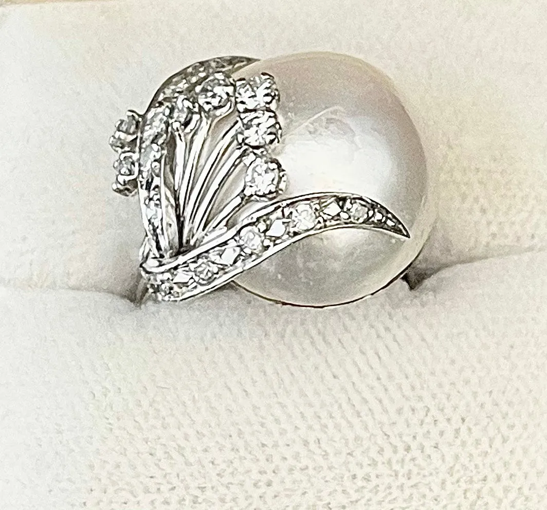1920s Design Mabe Pearl & Diamond Ring in 18KWG - $10K Appraisal Value w/CoA!