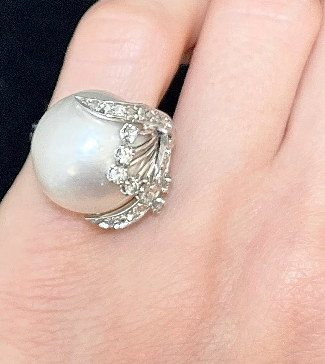 1920s Design Mabe Pearl & Diamond Ring in 18KWG - $10K Appraisal Value w/CoA!