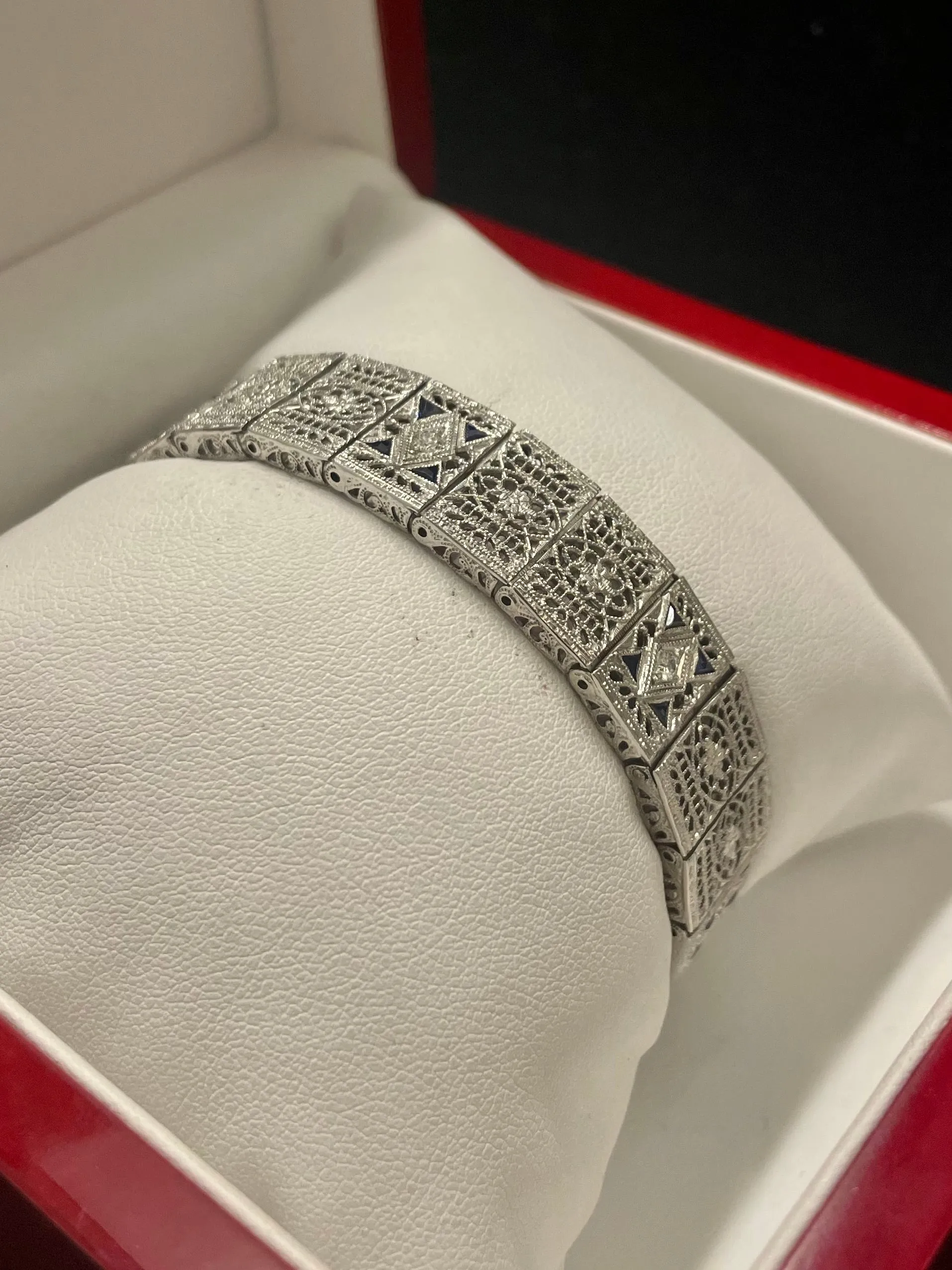 1920's Filigree Platinum w/ Diamonds & Sapphire Blue Bracelets- $20K APR w/ CoA!