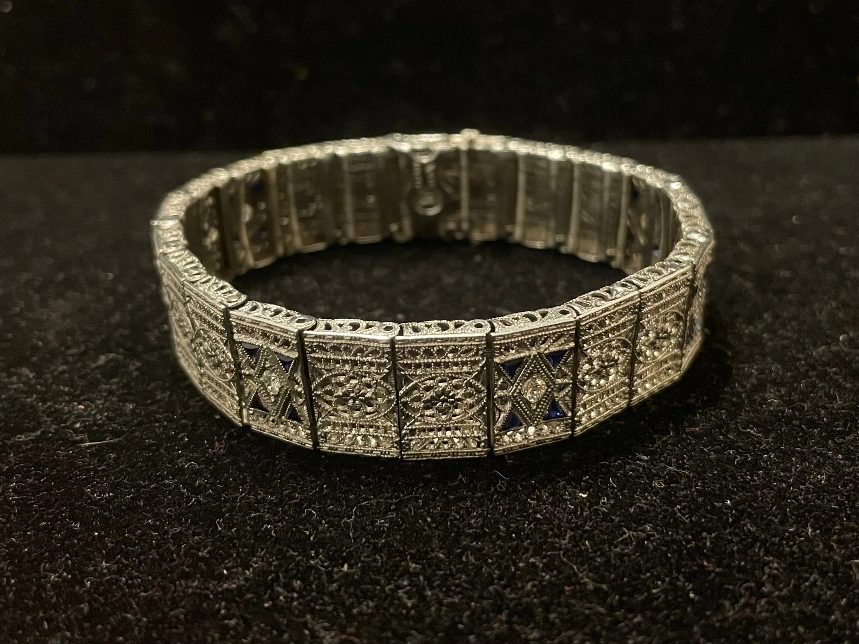 1920's Filigree Platinum w/ Diamonds & Sapphire Blue Bracelets- $20K APR w/ CoA!