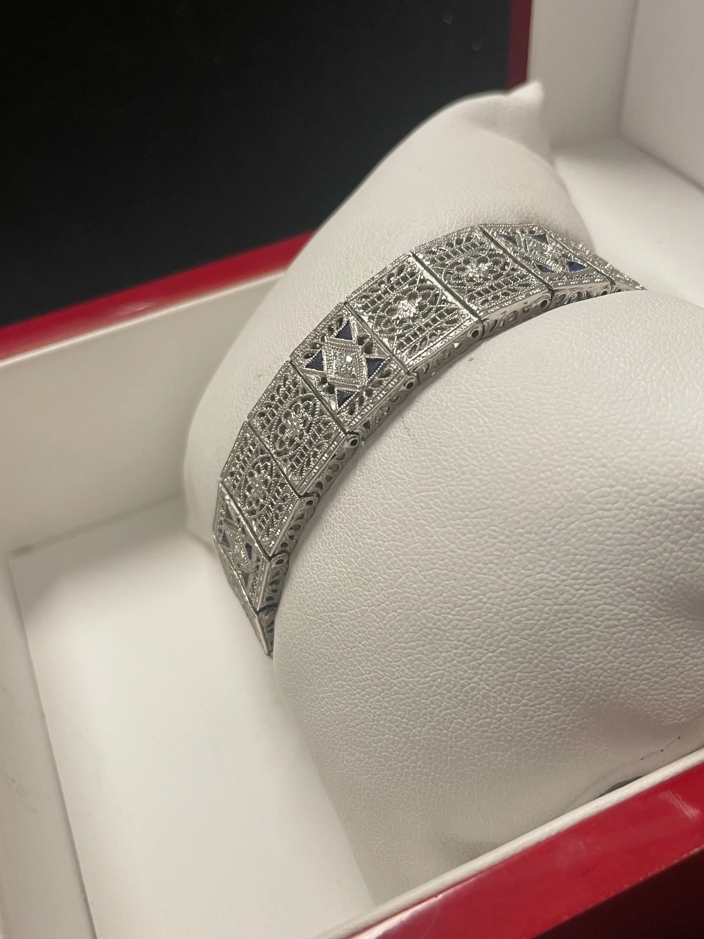 1920's Filigree Platinum w/ Diamonds & Sapphire Blue Bracelets- $20K APR w/ CoA!