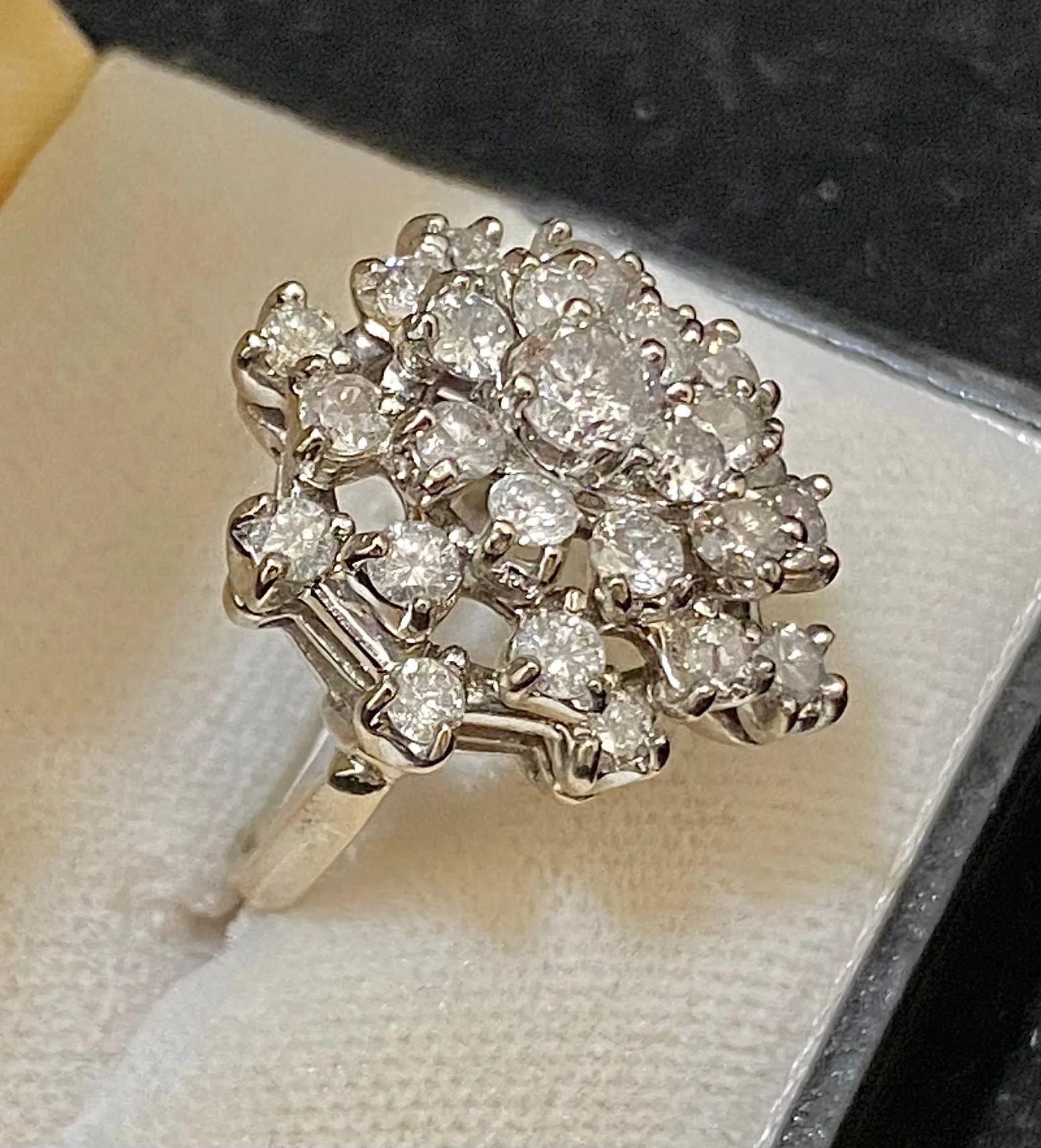 1940's Antique 18K White Gold 25-Diamond Cocktail Ring - $15K Appraisal Value w/CoA}