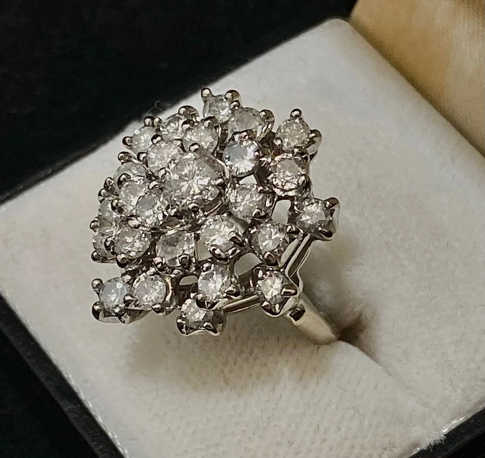 1940's Antique 18K White Gold 25-Diamond Cocktail Ring - $15K Appraisal Value w/CoA}