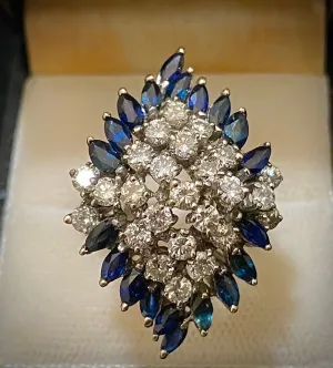 1940's Unique Designer's Solid White Gold with Sapphire & Diamond Cocktail Ring - $20K Appraisal Value w/CoA}