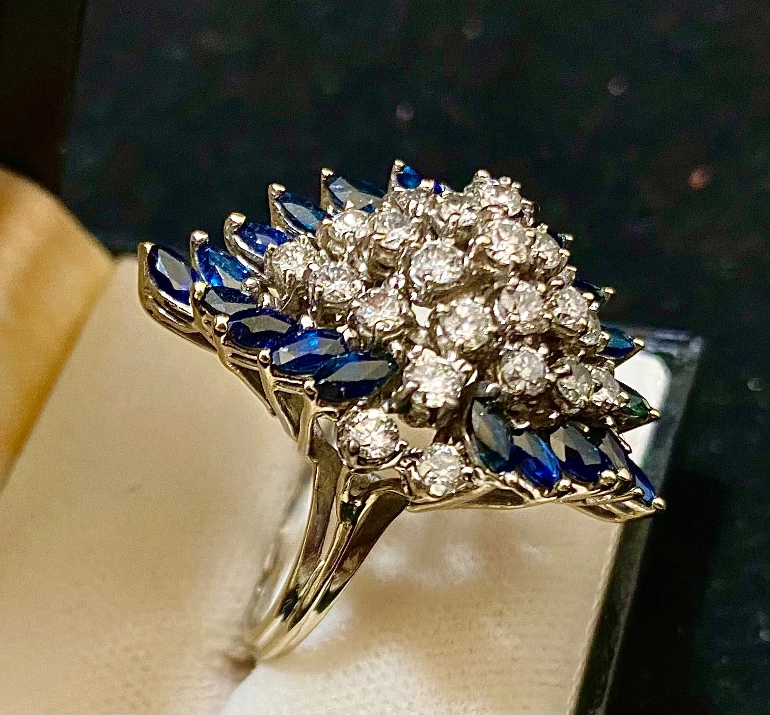 1940's Unique Designer's Solid White Gold with Sapphire & Diamond Cocktail Ring - $20K Appraisal Value w/CoA}