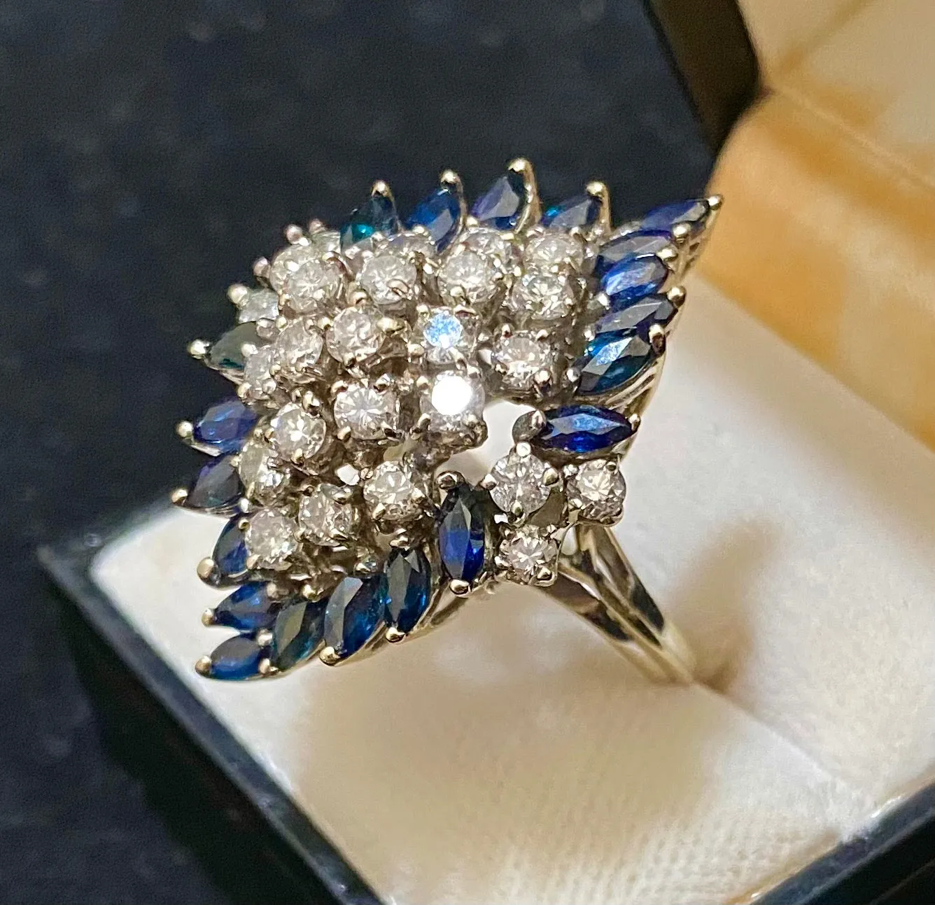 1940's Unique Designer's Solid White Gold with Sapphire & Diamond Cocktail Ring - $20K Appraisal Value w/CoA}