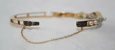 1950s Vintage Diamond & Pearl Hinged Bangle Bracelet in Two-Tone 18K Gold - $12K VALUE