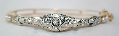 1950s Vintage Diamond & Pearl Hinged Bangle Bracelet in Two-Tone 18K Gold - $12K VALUE