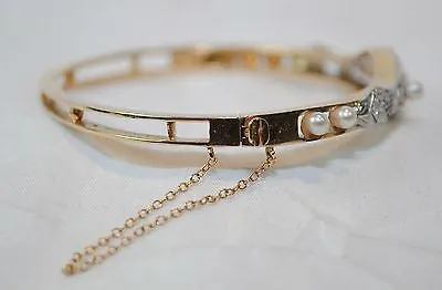 1950s Vintage Diamond & Pearl Hinged Bangle Bracelet in Two-Tone 18K Gold - $12K VALUE