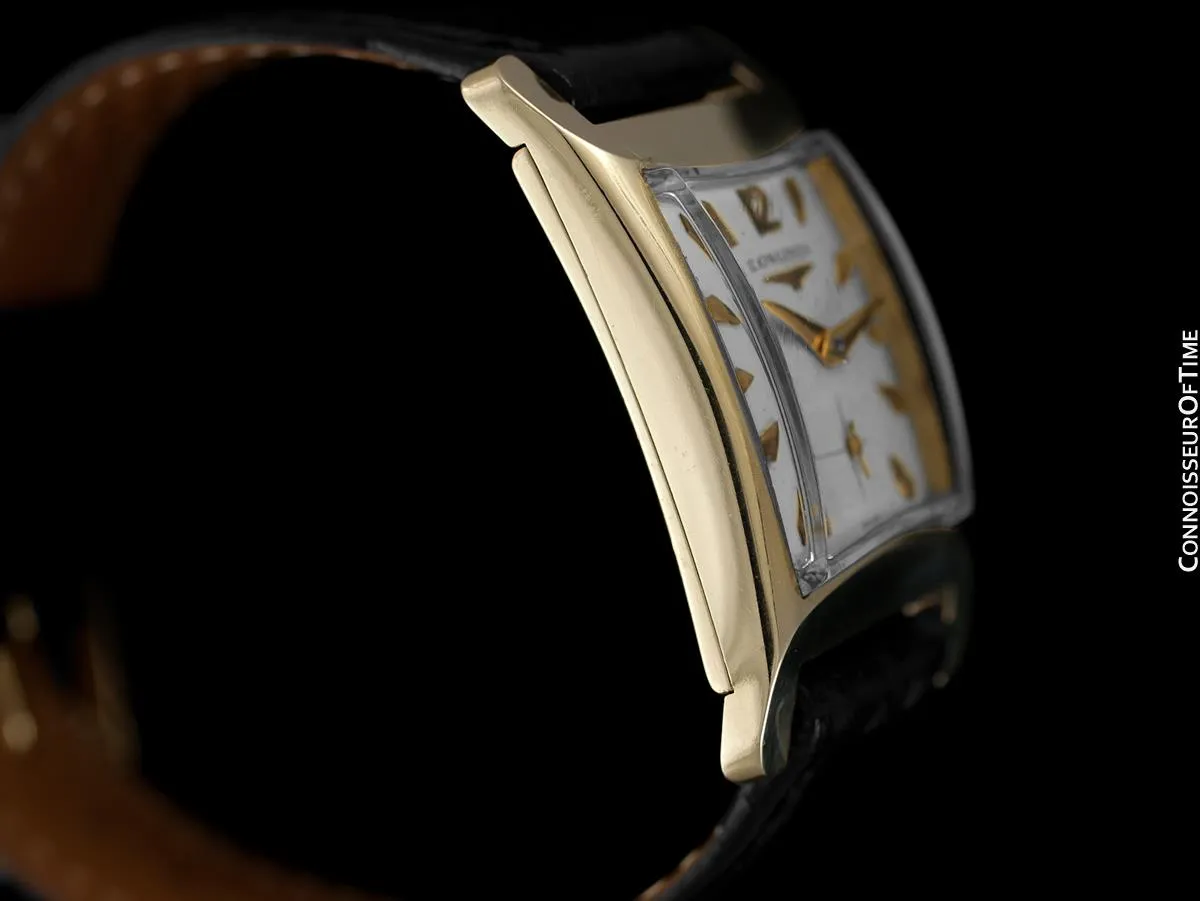 1955 Longines Vintage Mens Rectangular Handwound Dress Watch, 14K Gold - The Hourglass