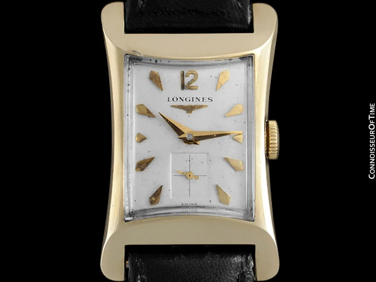 1955 Longines Vintage Mens Rectangular Handwound Dress Watch, 14K Gold - The Hourglass