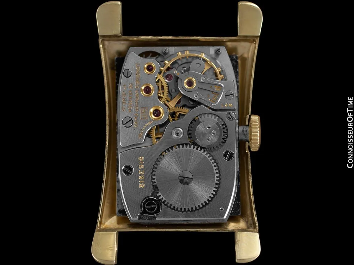 1955 Longines Vintage Mens Rectangular Handwound Dress Watch, 14K Gold - The Hourglass