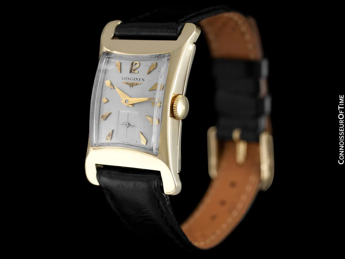 1955 Longines Vintage Mens Rectangular Handwound Dress Watch, 14K Gold - The Hourglass