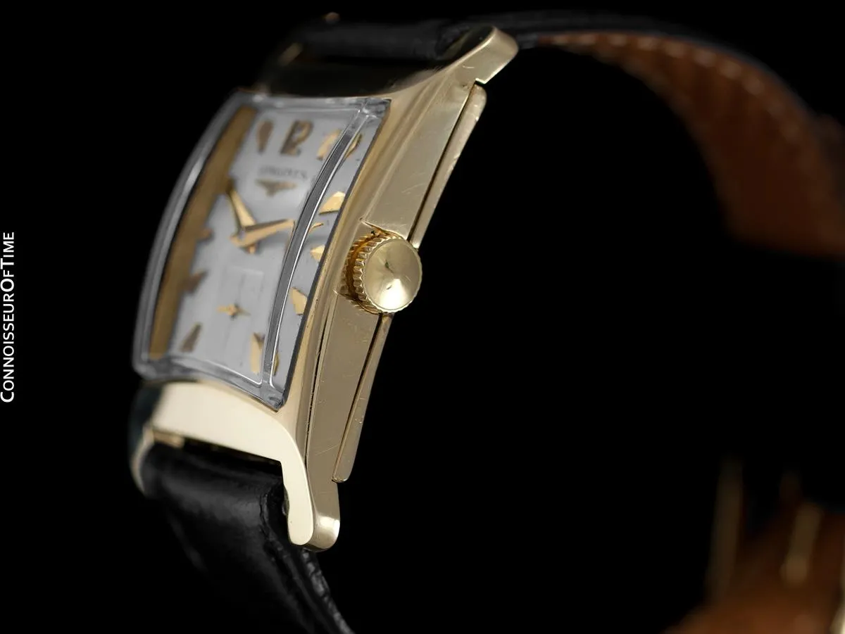 1955 Longines Vintage Mens Rectangular Handwound Dress Watch, 14K Gold - The Hourglass