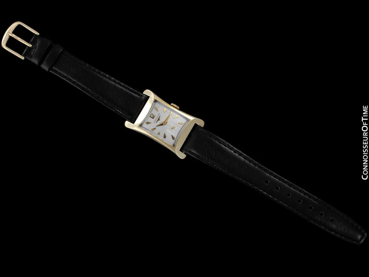 1955 Longines Vintage Mens Rectangular Handwound Dress Watch, 14K Gold - The Hourglass