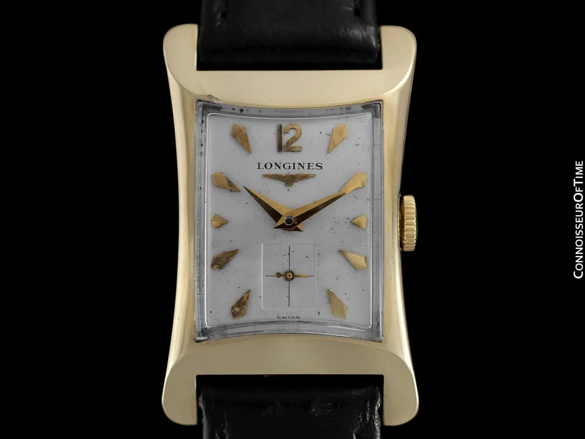 1955 Longines Vintage Mens Rectangular Handwound Dress Watch, 14K Gold - The Hourglass