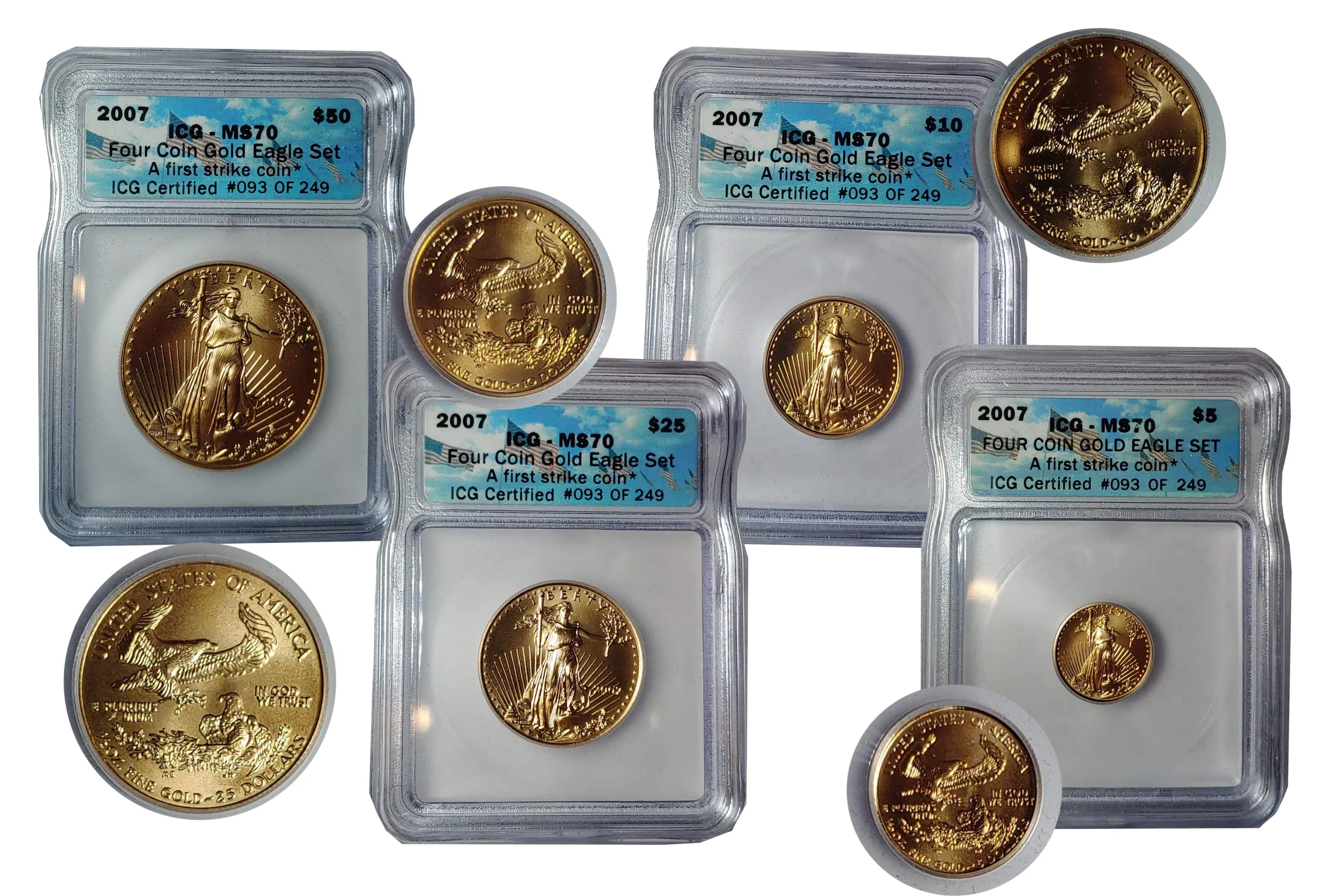 2007 ICG-MS70 4 GOLD EAGLE FIRST STRIKES SET #093 of 249 - $12K APR w/ COA