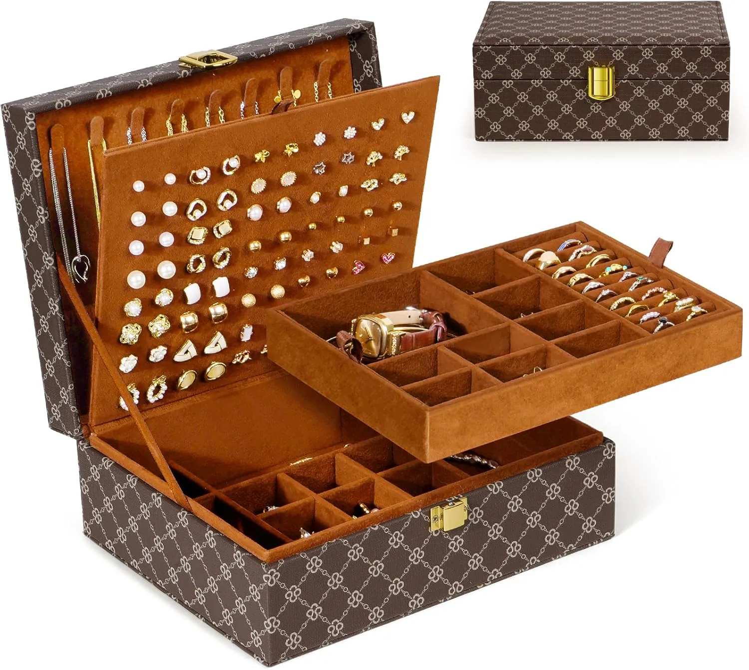 4 Layer Jewelry Box for Women, Travel Jewelry Case, Earring Holder Organizer, Jewelry Organizer for Earrings Necklace Rings Bracelets PU Surface, Travel Jewelry Box with Lock, Valentine's Gifts, Brown