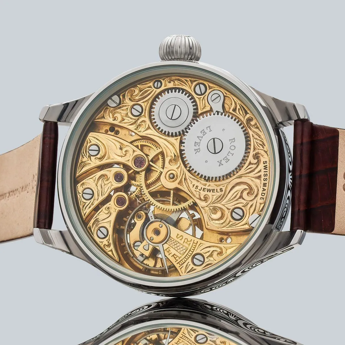 A 48mm Silver Dial Leather Band Watch Inspired By A Vintage Rolex Pocket Watch