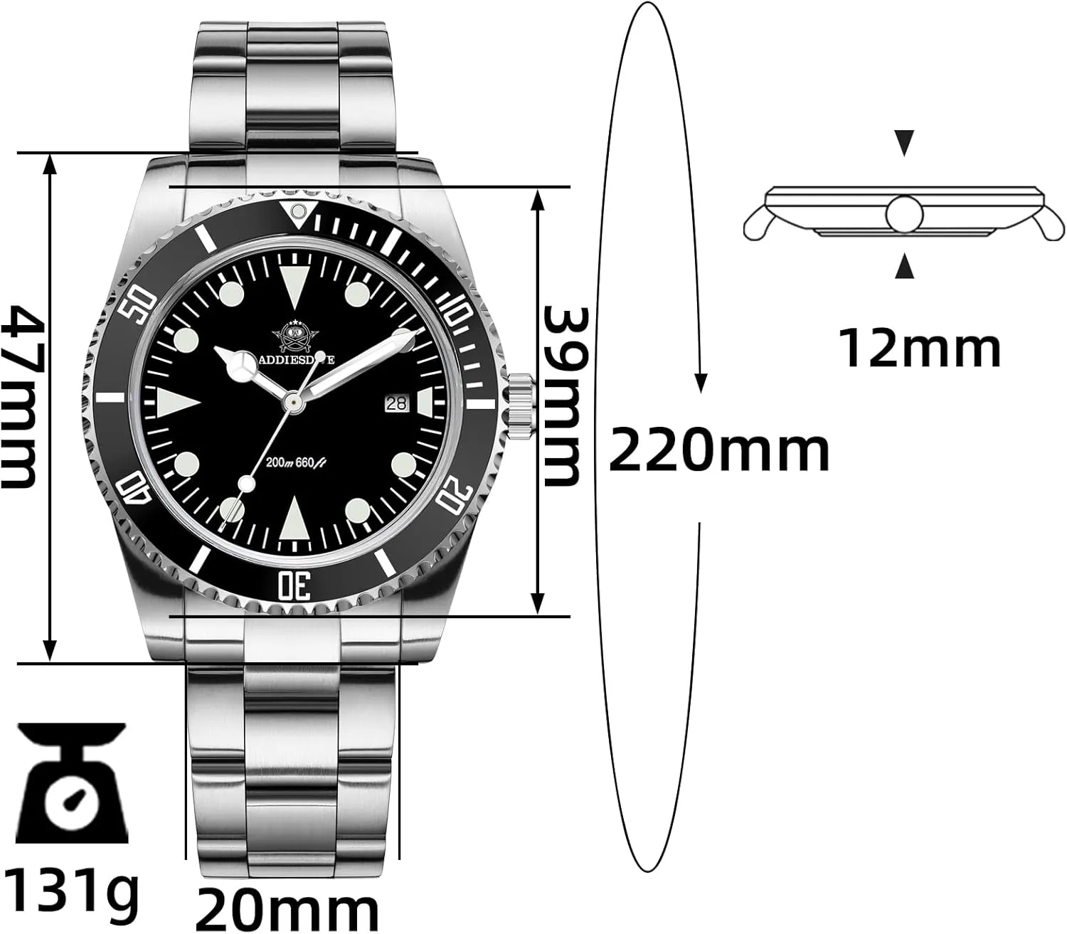 ADDIESDIVE Dive Watches for Men Ultra-Thin Bidirectional Bezel Waterproof 200 M Quartz Movement Curved Crystal Slim Diving Watch