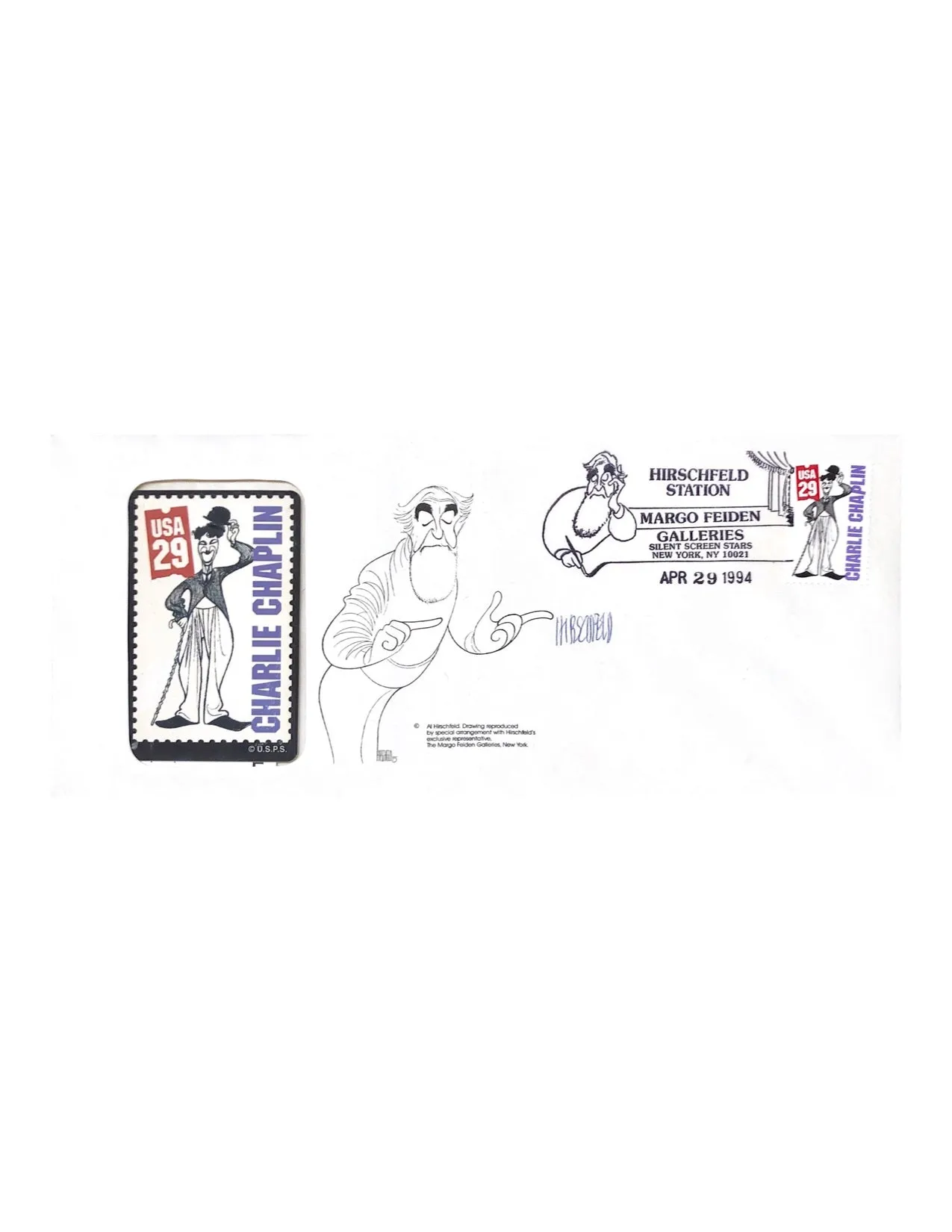 Al Hirschfeld Signed First Day Cover of Charlie Chaplin - $1K APR Value w/ CoA!