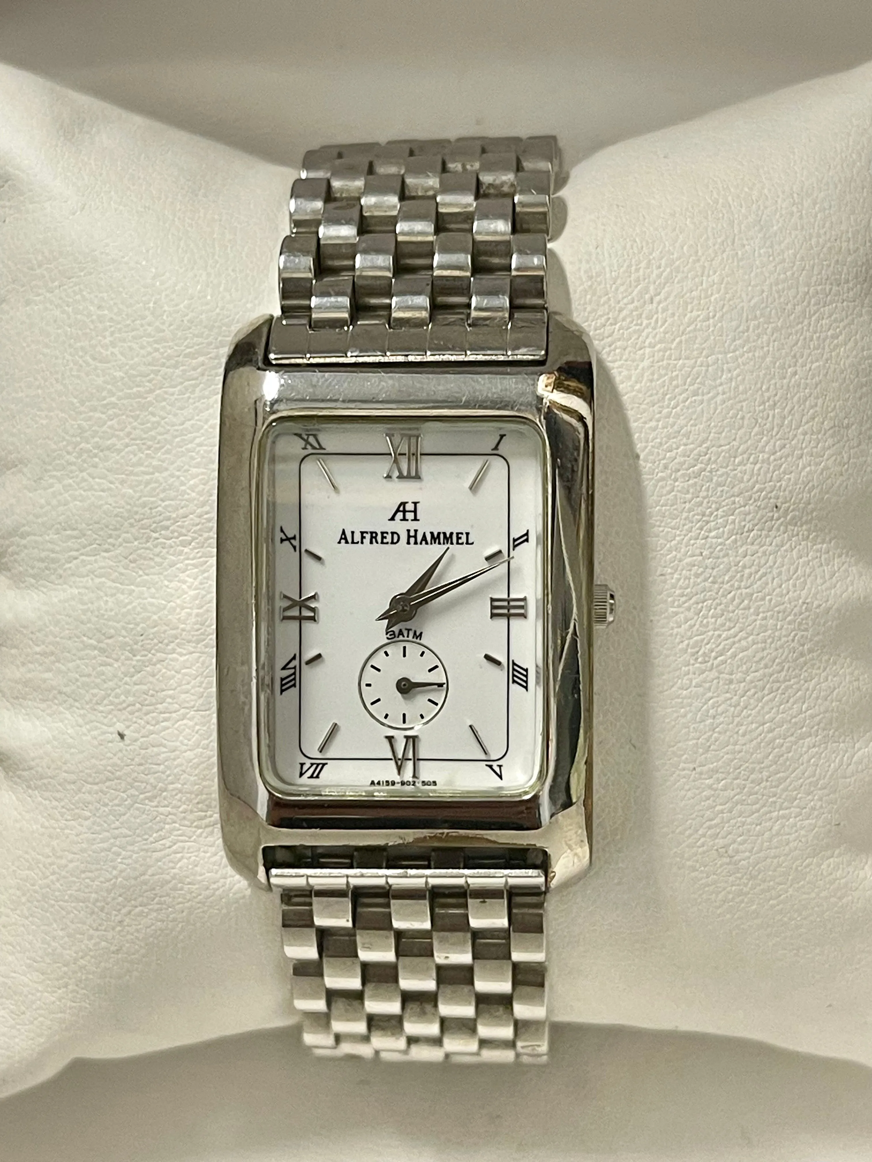 Alfred Hammel Tank Style White Dial SS Quartz Men's Wrist Watch - $6K APR w/ COA