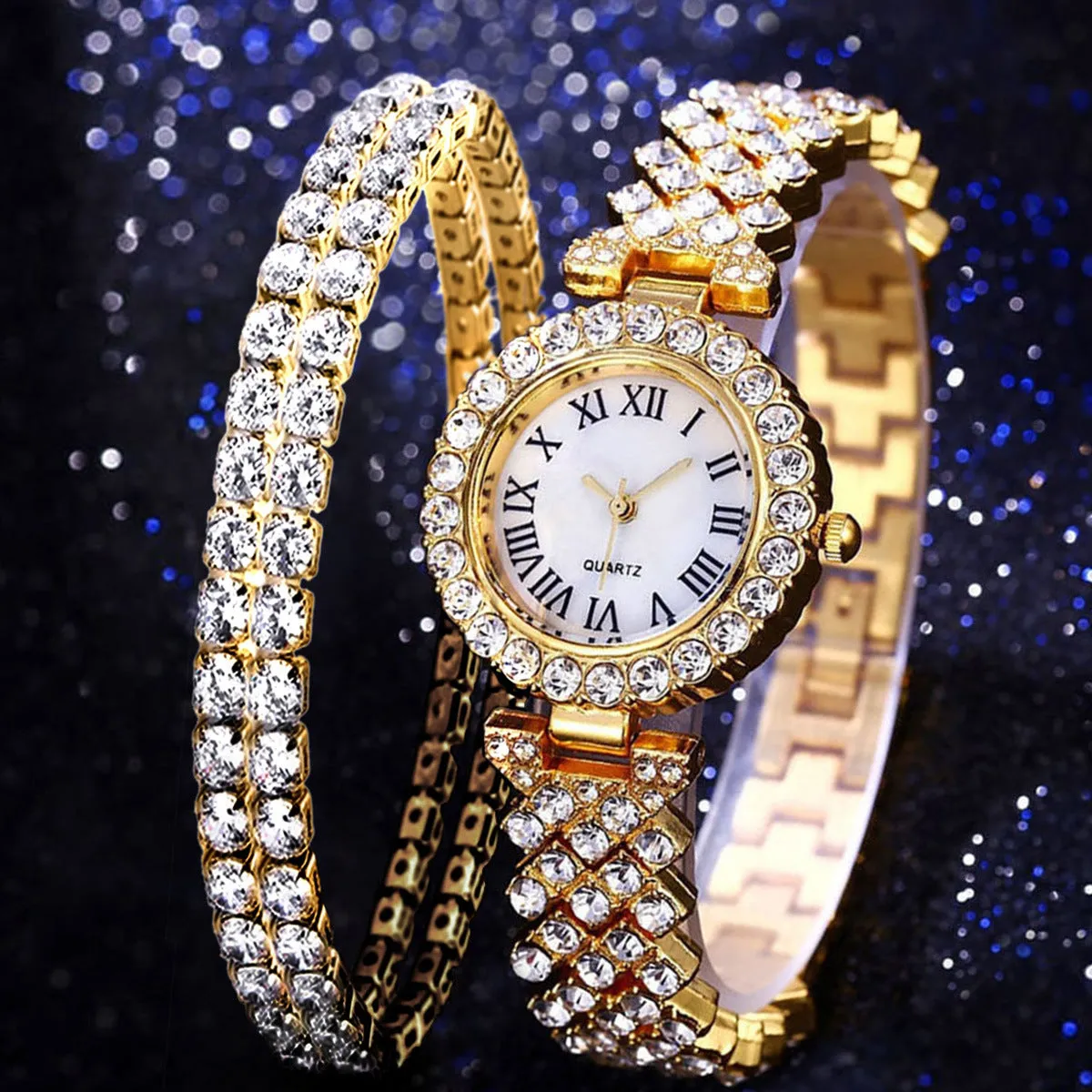 All Match Luxury Diamond-Encrusted Starry Elegant Quartz Watch Set with Diamonds