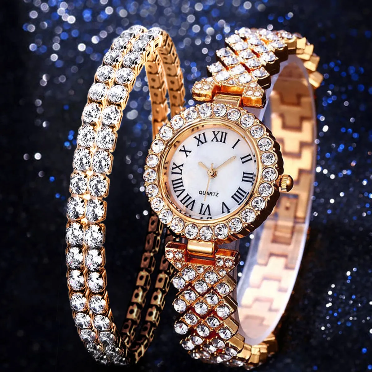 All Match Luxury Diamond-Encrusted Starry Elegant Quartz Watch Set with Diamonds