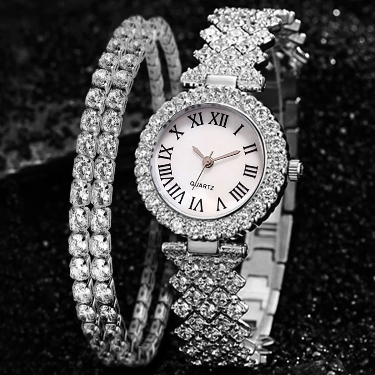 All Match Luxury Diamond-Encrusted Starry Elegant Quartz Watch Set with Diamonds