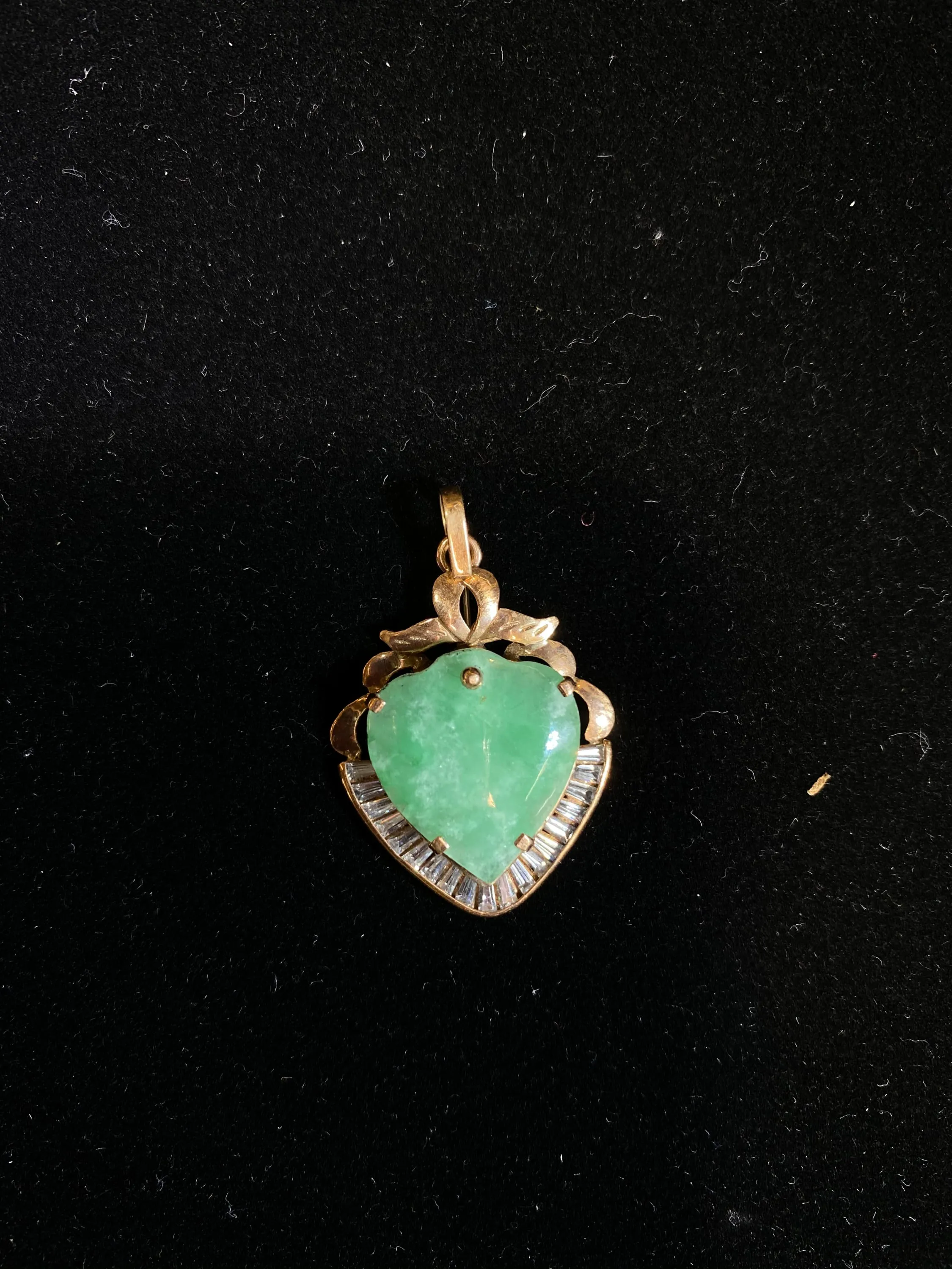 AMAZING Vintage 1940's Heart Shaped 6ct. Jade Pendant w/ 19 Baguette Diamonds! - $13K Appraisal Value! }✓