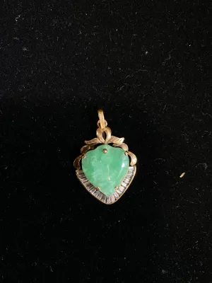 AMAZING Vintage 1940's Heart Shaped 6ct. Jade Pendant w/ 19 Baguette Diamonds! - $13K Appraisal Value! }✓