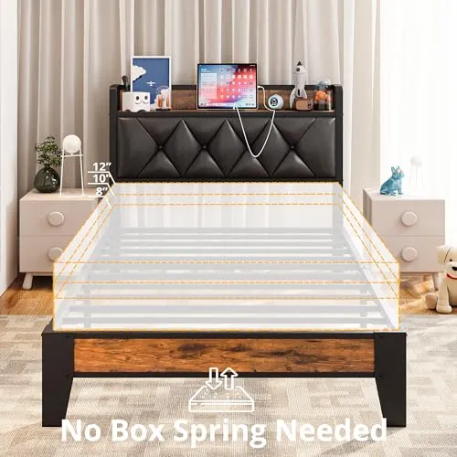ANCTOR Twin Bed Frames, Storage Headboard with Outlets, Easy to Install, Sturdy and Stable, No Noise, No Box Springs Needed, Rustic Brown and Black