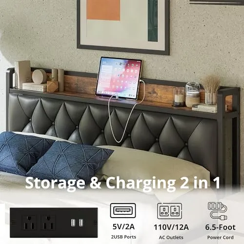 ANCTOR Twin Bed Frames, Storage Headboard with Outlets, Easy to Install, Sturdy and Stable, No Noise, No Box Springs Needed, Rustic Brown and Black