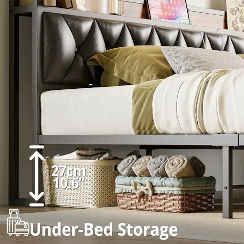ANCTOR Twin Bed Frames, Storage Headboard with Outlets, Easy to Install, Sturdy and Stable, No Noise, No Box Springs Needed, Rustic Brown and Black